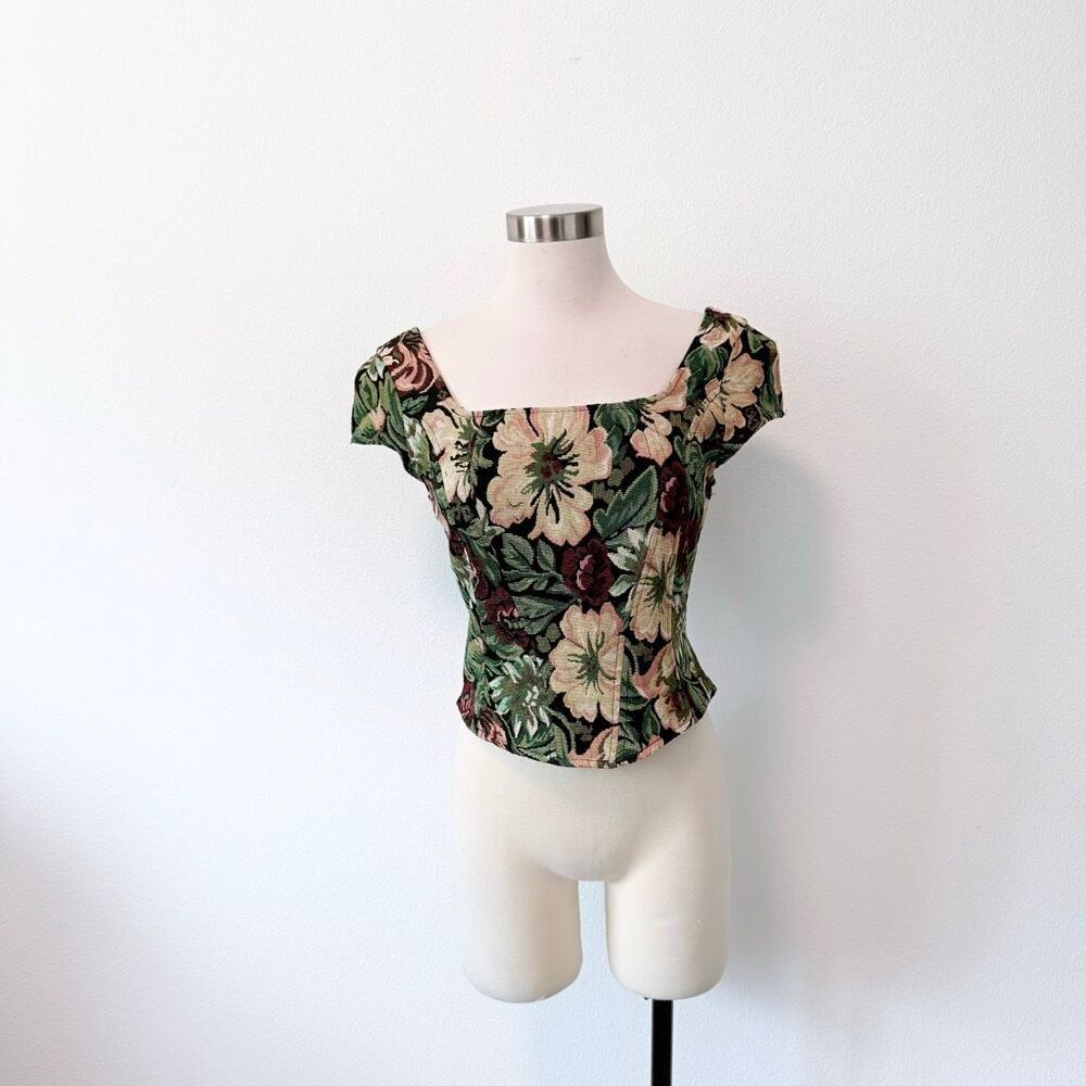 In Loom Black Green Button Floral Tapestry Vest Blouse Medium Rose Bodice